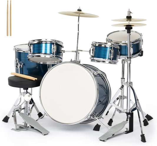 Ktaxon 5-Piece Complete Junior Drums Set, 14 Inch Beginners Drum Kit with Throne Stool, Pedal & Drumsticks, Kids Drums Musical Instruments W/Cymbal, Hi-Hat, Floor, Tom and Snare Drum (Brushed Blue)