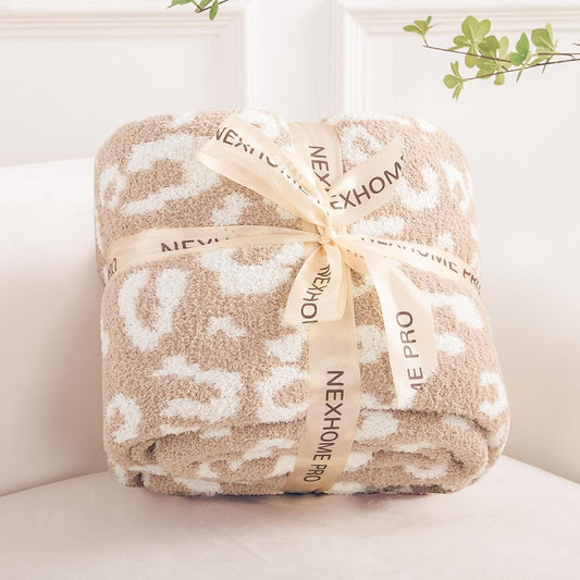 NEXHOME PRO Leopard Soft Blanket, Fuzzy Throw Blanket for Couch Bed Sofa Picnic, Knit Blankets for Women Gifts Beige 50 x 60 inches