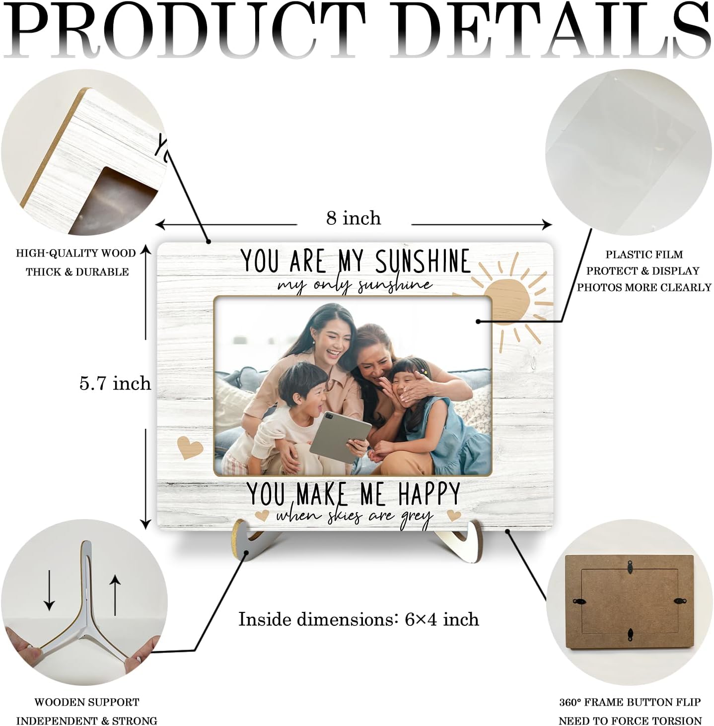 CMHIE Wood Picture Frame with stand, Gift for Family Mom Boy Girl Son Daughter, You are My Sunshine Picture Frame Display 4x6 Horizontal Photo for Tabletop, Home Shelf Table Decorative Supplies -25