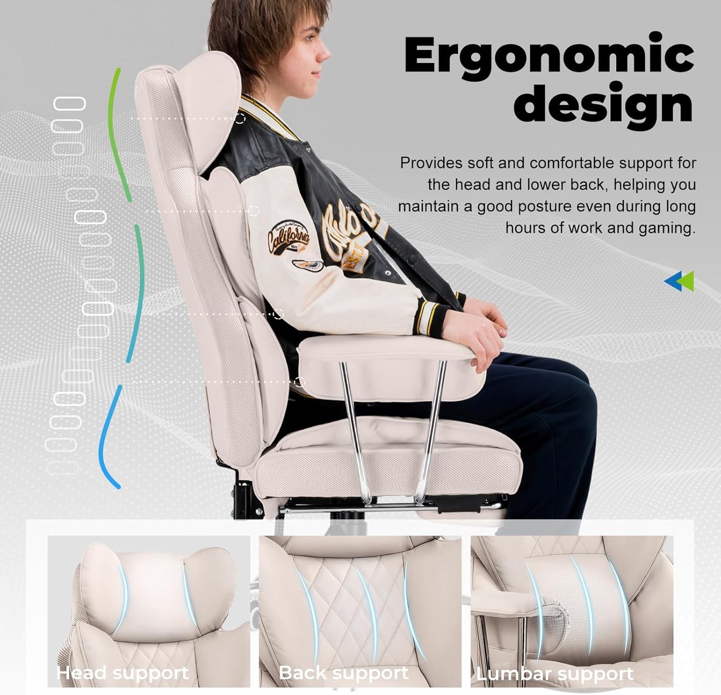 COMHOMA Big and Tall Office Chair, High Back Leather Gaming Chair with Footrest, Executive Ergonomic Office Chairs with Pocket Spring Lumbar Support and with Outward Fixed Soft Armrests