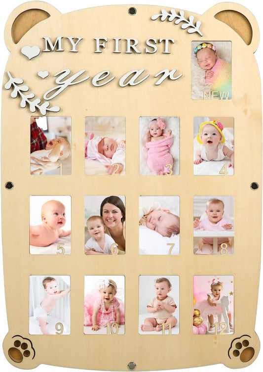 My First Year Picture Frame,One Year Of Photo Board, Baby's First Twelve Months Photo Collage and Gender Neutral Keepsake, Ideal for Baby Shower,New Mom Keepsake Gift and Nursery Decor - With Stand (Cat sign)