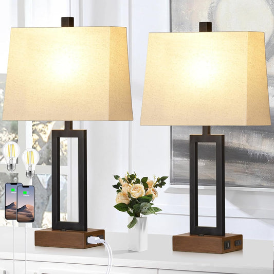 Table Lamps Set of 2 with 2 USB Ports and AC Power Outlet, Modern Bedside Lamp, Wood Nightstand Lamp with Linen Shade for Living Room Bedroom End Table Hotel Desk(LED Bulb Included)
