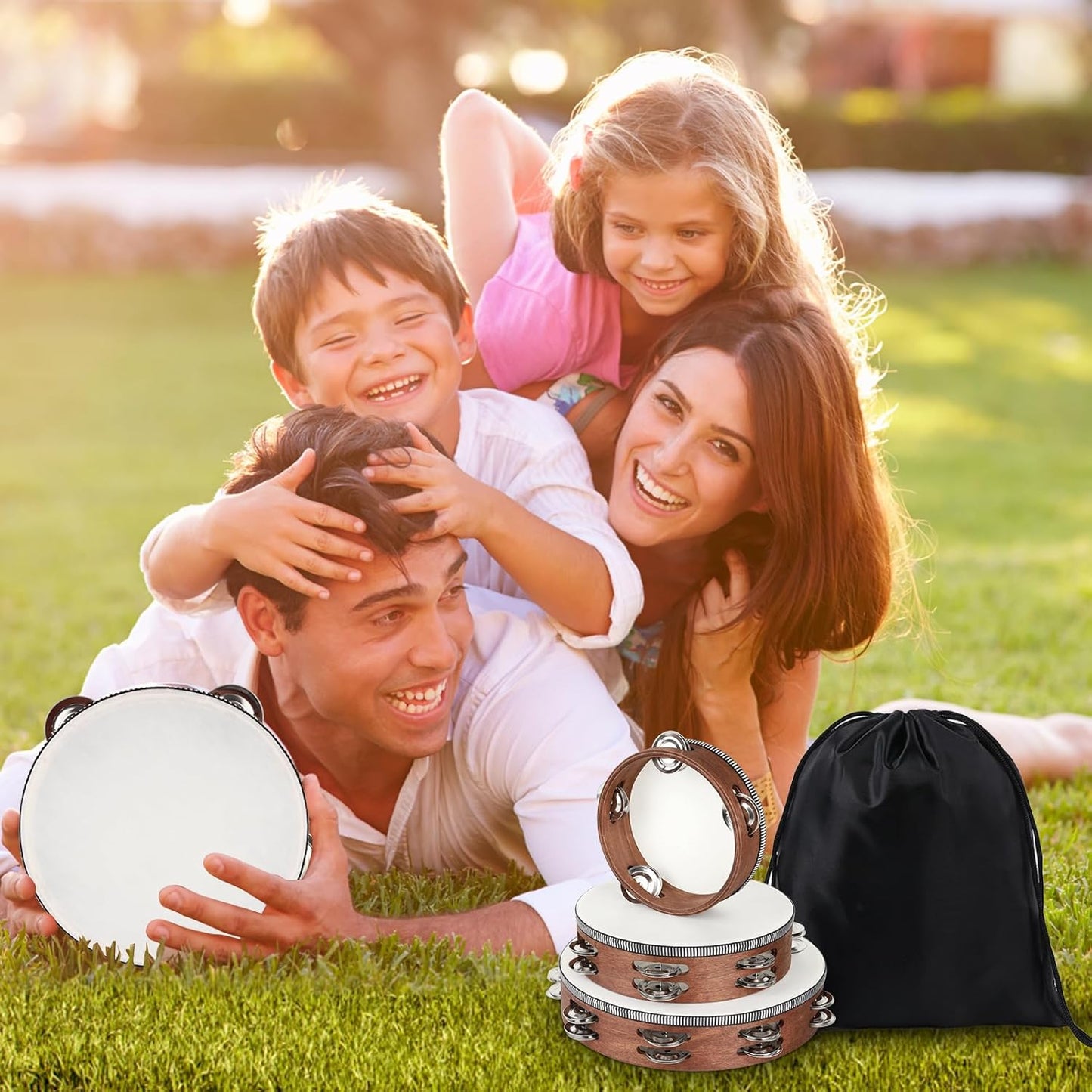 Wooden Hand Held Percussion Tambourine with Storage Bag - 6+8+10 Inches, Ideal for Church, Wedding, Party, Dance, Photo Shoot