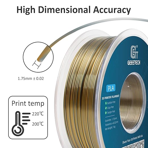 Geeetech Silk PLA Filament 1.75mm Silk Dual Color Filament, Coextrusion Dichromatic Metal-Like Shiny Consumable 1kg (2.2lbs) 1 Spool, Dimensional Accuracy +/- 0.02 mm, Gold Silver