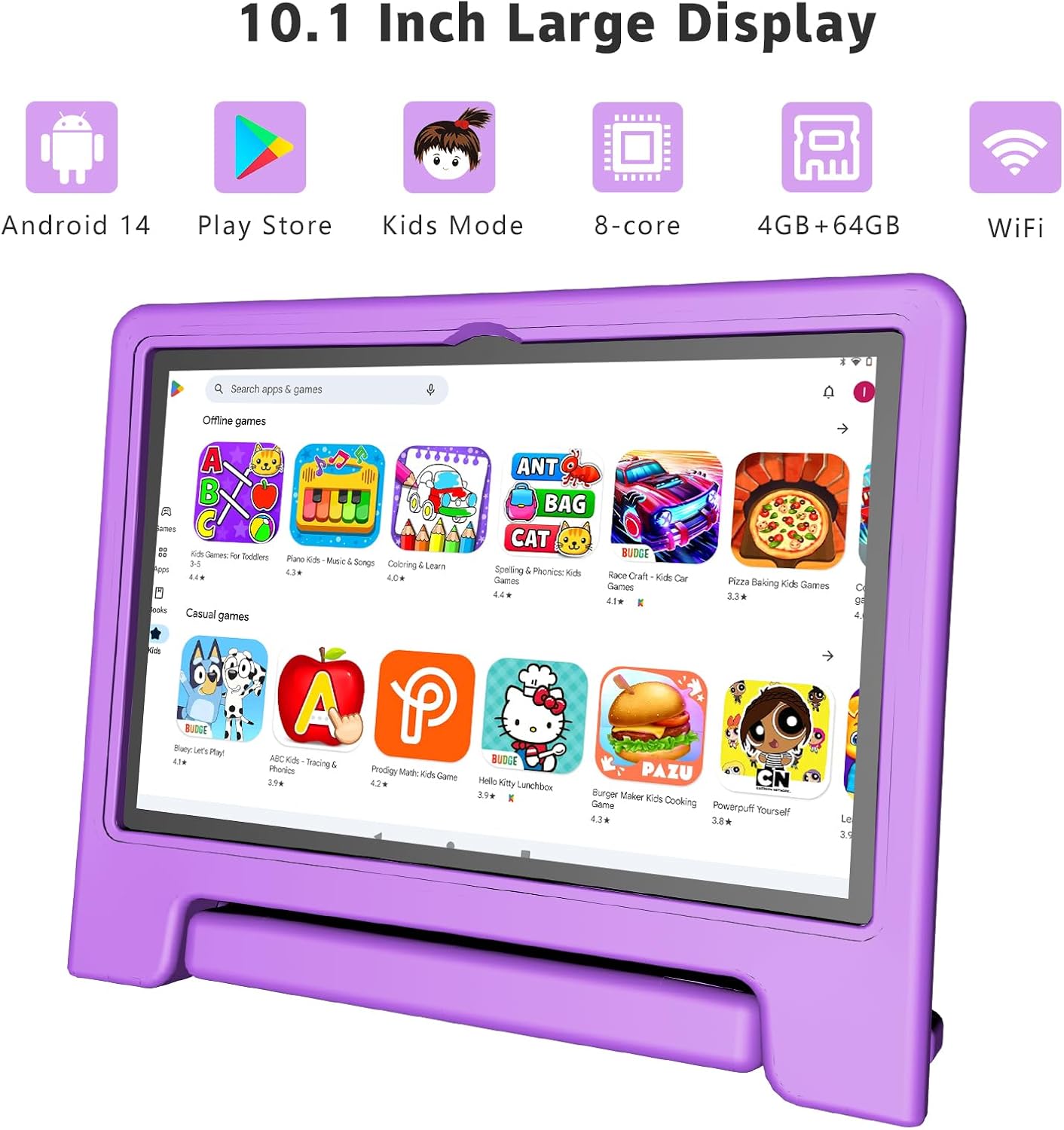Kids Tablet, 10.1 Inch Tablet for Kids Android 14, 64GB Octa-Core, WiFi, Big Battery, Kids Space, Parental Control 1280 * 800 HD Display Children Tablets Purple