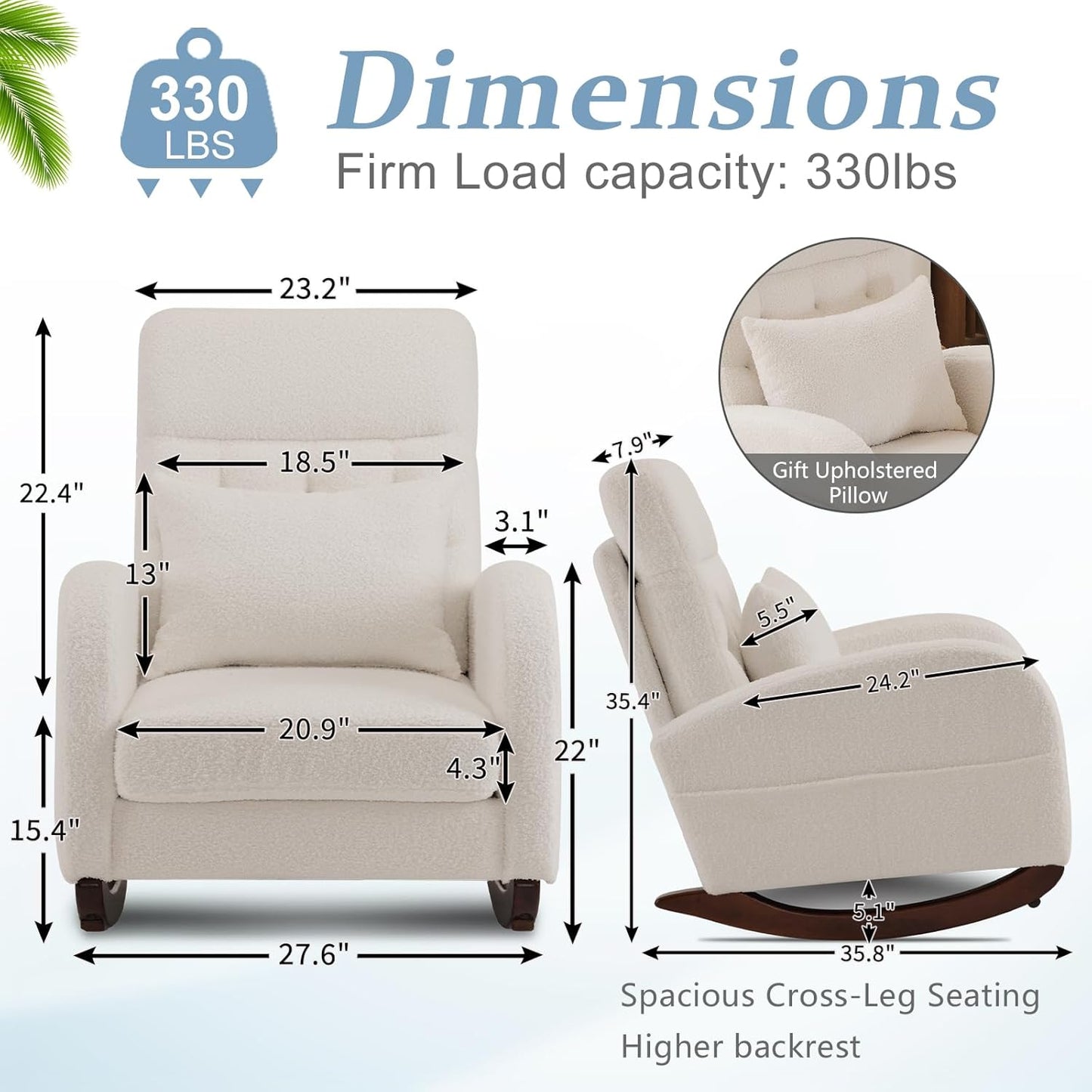 VINGLI Teddy Fleece Low Seat Rocking Chair,Boucle Upholstered Nursery Glider Chair with Side Pockets,Accent Arm Chair with High Backrest,Comfy Head Rest,Solid Wood,for Living Room, Bedroom,Beige