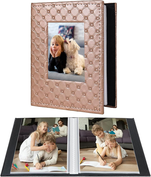 RECUTMS Photo Album 4x6 52 Photos, Small Photo BookButton Grain PU Leather Window 26-Sheet Holds 52 Pictures for Picture Album Wedding Family Baby Vacation(Brown)