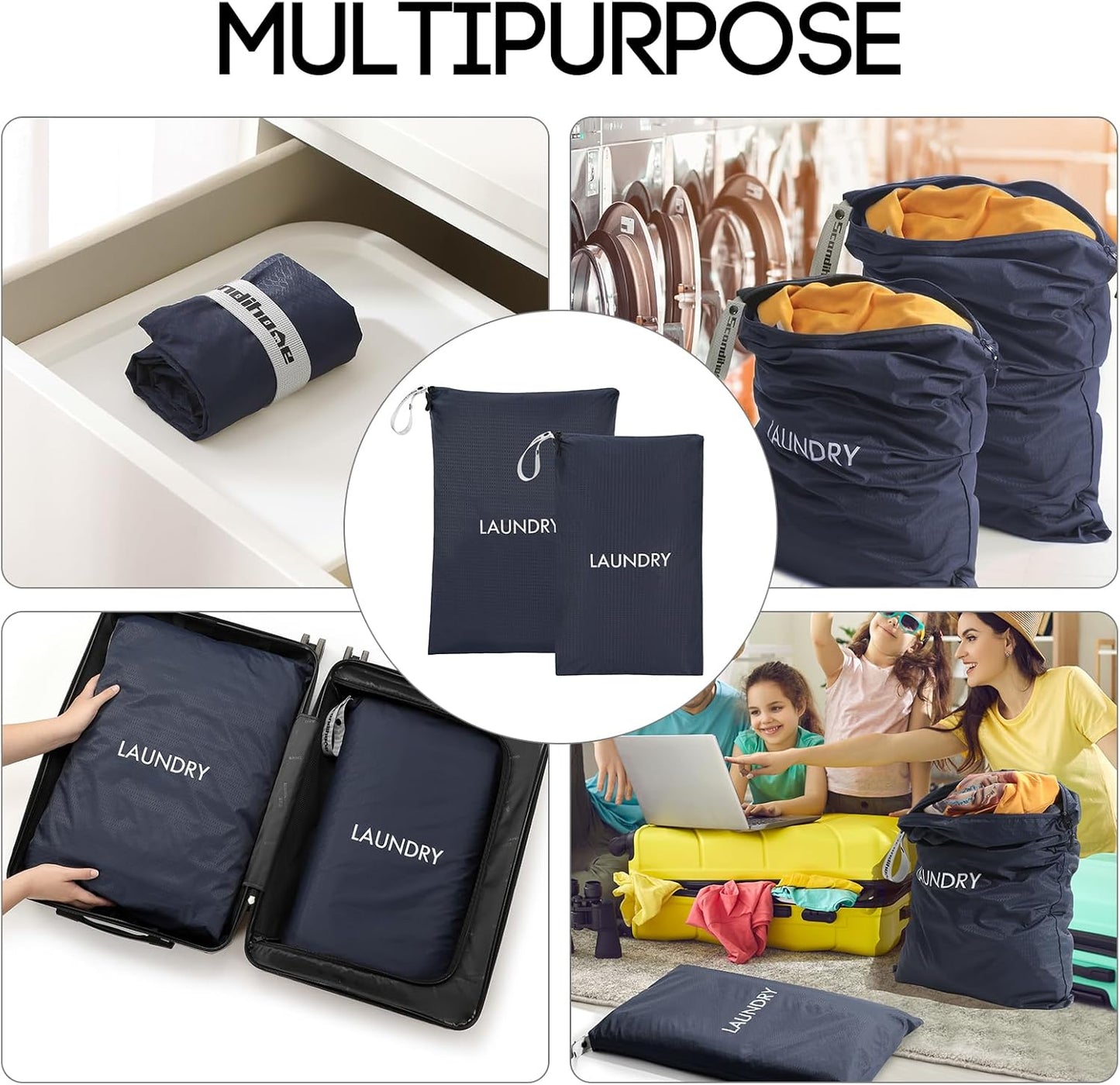 Travel Laundry Bag (2 Pcs - Large + Small) - Foldable Waterproof Washable Wet Dry Bag for Gym, Swimming, Yoga, and Workout Perfect for Dirty Clothes, Bathing Suits, Travel Accessories - Navy Blue