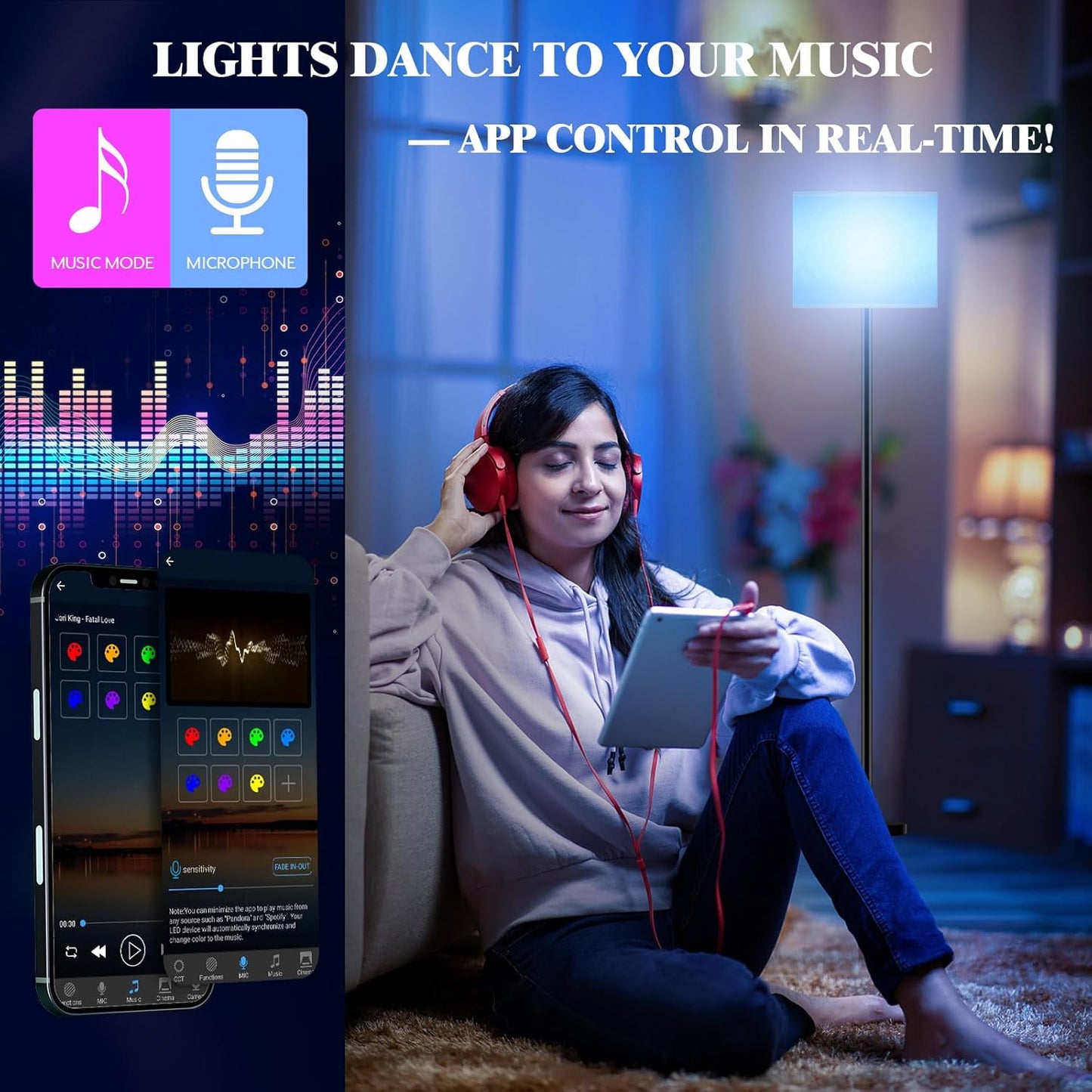 Smart LED Floor Lamp with APP Control & RGB Colors - Dimmable Standing Lamp for Living Room, Bedroom, Gaming - Remote, Timer, 9W Bulb Included, 60.6" Modern Tall Lamp (Beige)