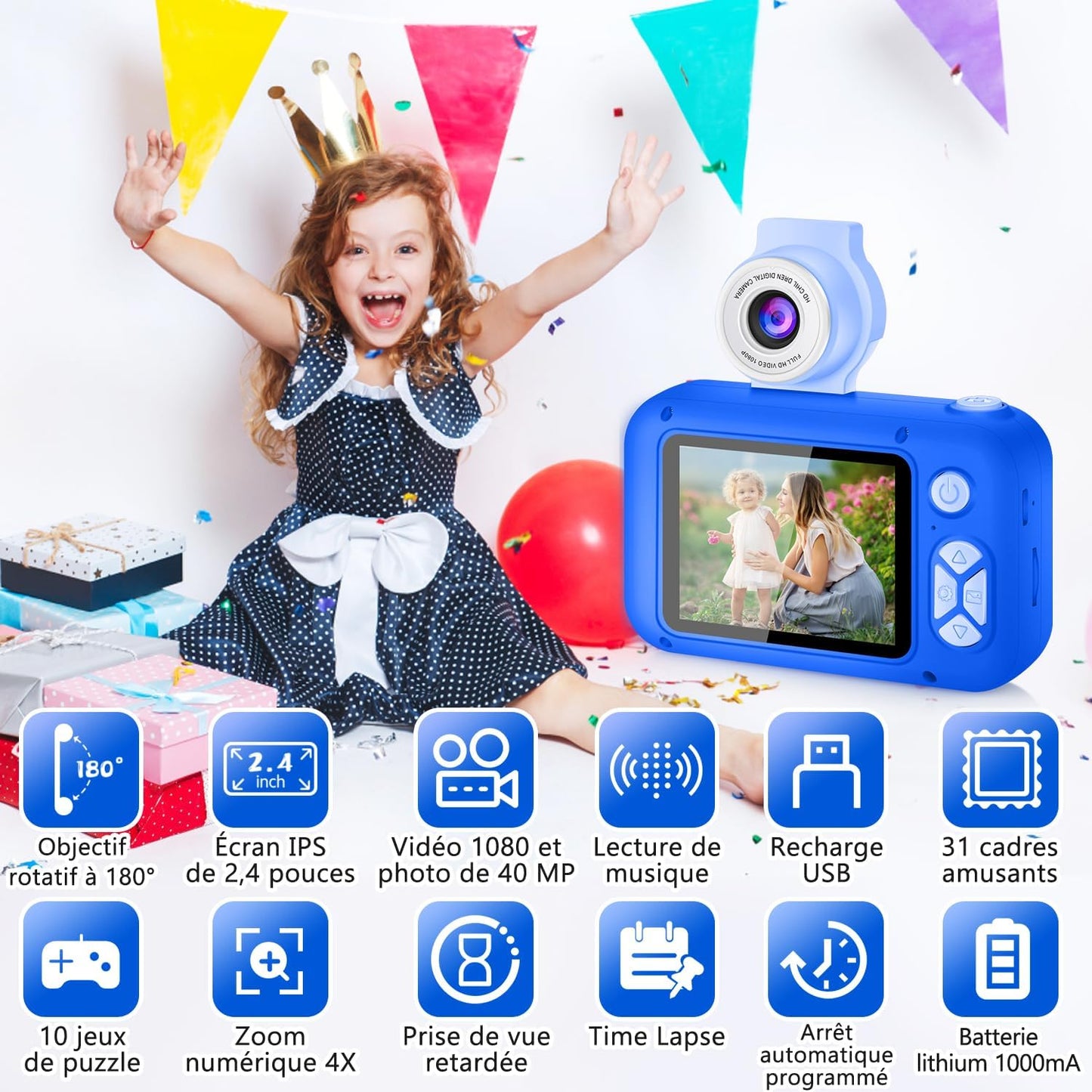 Kids Camera, Toddler Kid Digital Camera with 180°Flip Lens & 2.4in IPS Screen, Birthday Festival Present Toy for 4 5 6 7 8 9 10 11 Year Old Girls/Boys, 32 GB Card Included, X101