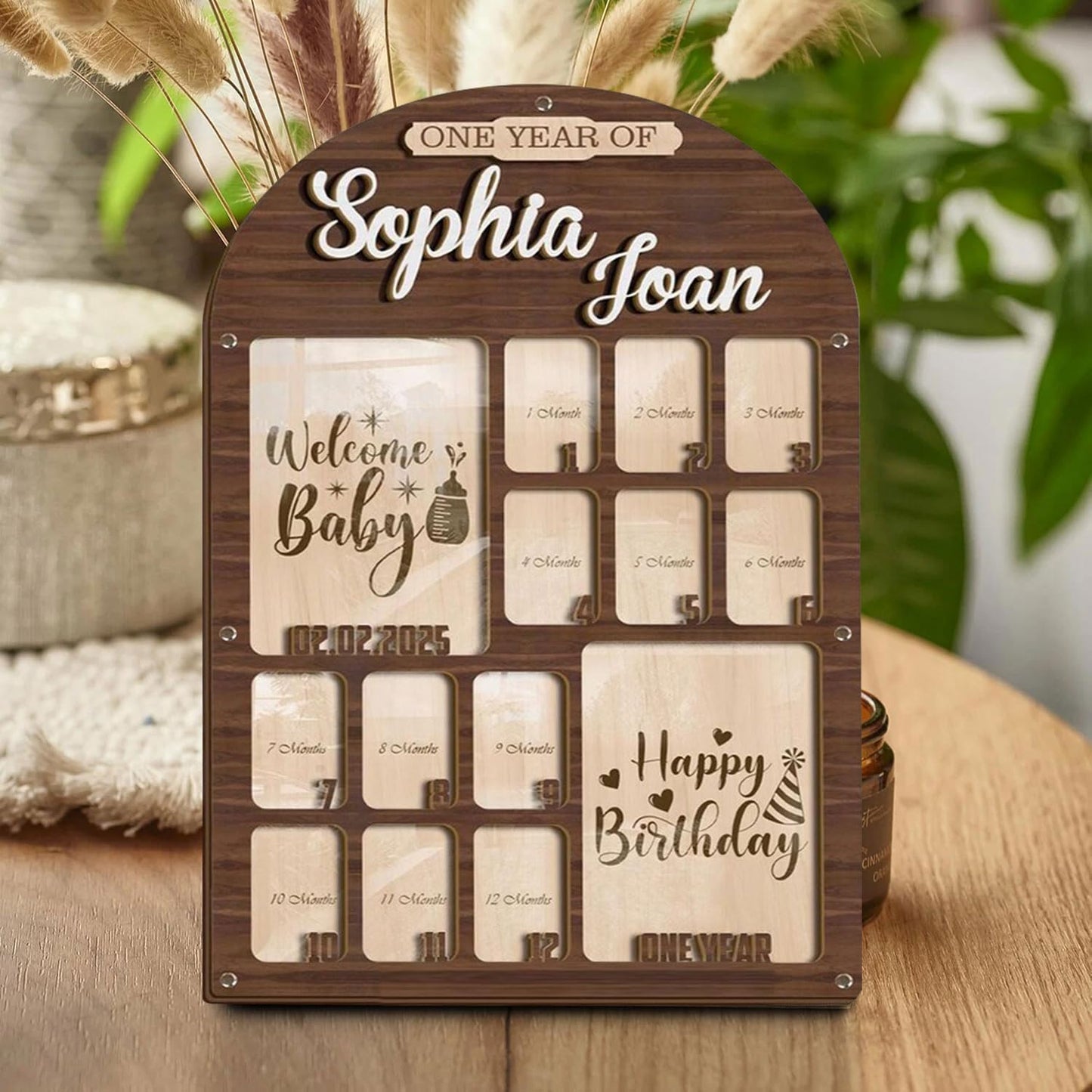 V-DECORPARKS Personalized My First Year Photo Frame | 12 Months Picture Frame For Baby First Year | Displays Two 4x6 Photo and Twelve 2x3 Pictures | Welcome Baby To Happy Birthday With Birth Stats