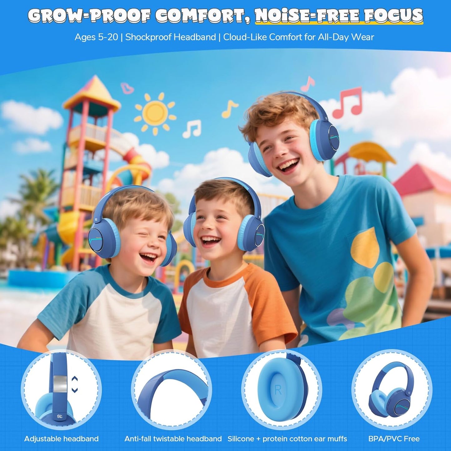 Nova1Pro Active Noise Cancelling Headphones for Kids, 3-Level Safe Volume 75/85/94dB, ANC Safe Wireless Listen, Type C Fast Charging, Bluetooth 5.4 with Mic, boy Girl for School, Travel & Airplane