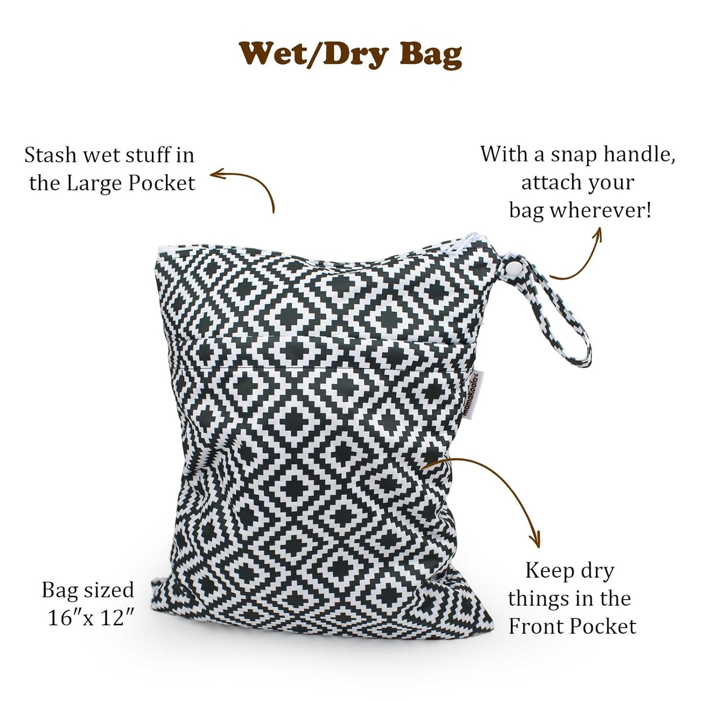 Mama Koala Waterproof Wet Dry Bags for Baby Items, Cloth Diapers, Swimsuits, Travel, Gym Clothes, Beach, Pump Parts, Toiletries, Two Zippered Pockets, 2 Pack (W019)