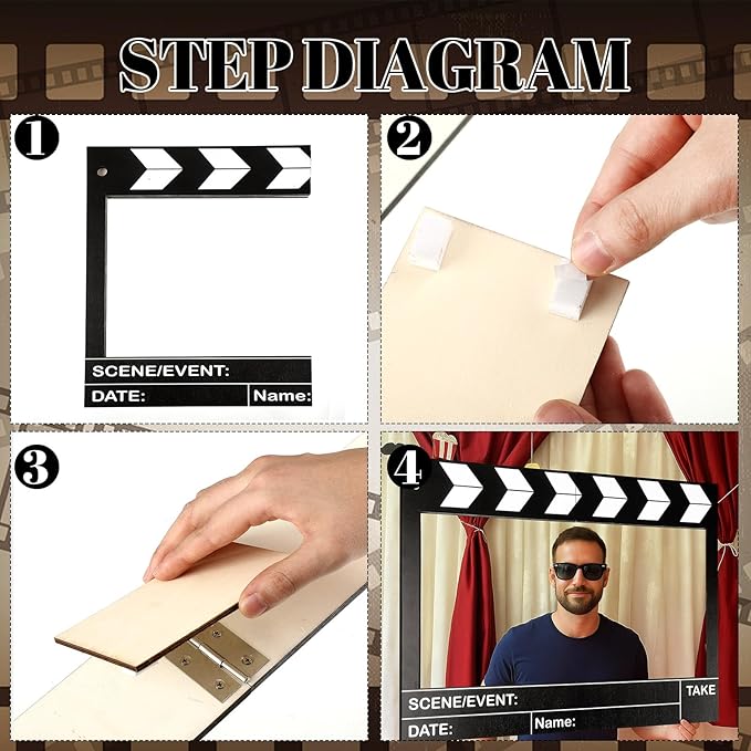Large Wooden Movie Night Party Decorations, Movie Night Photo Booth Props, 25.59 x 15.75 Inch Photo Frame Film Theme Clapper Wooden Board for Birthday Party Supplies