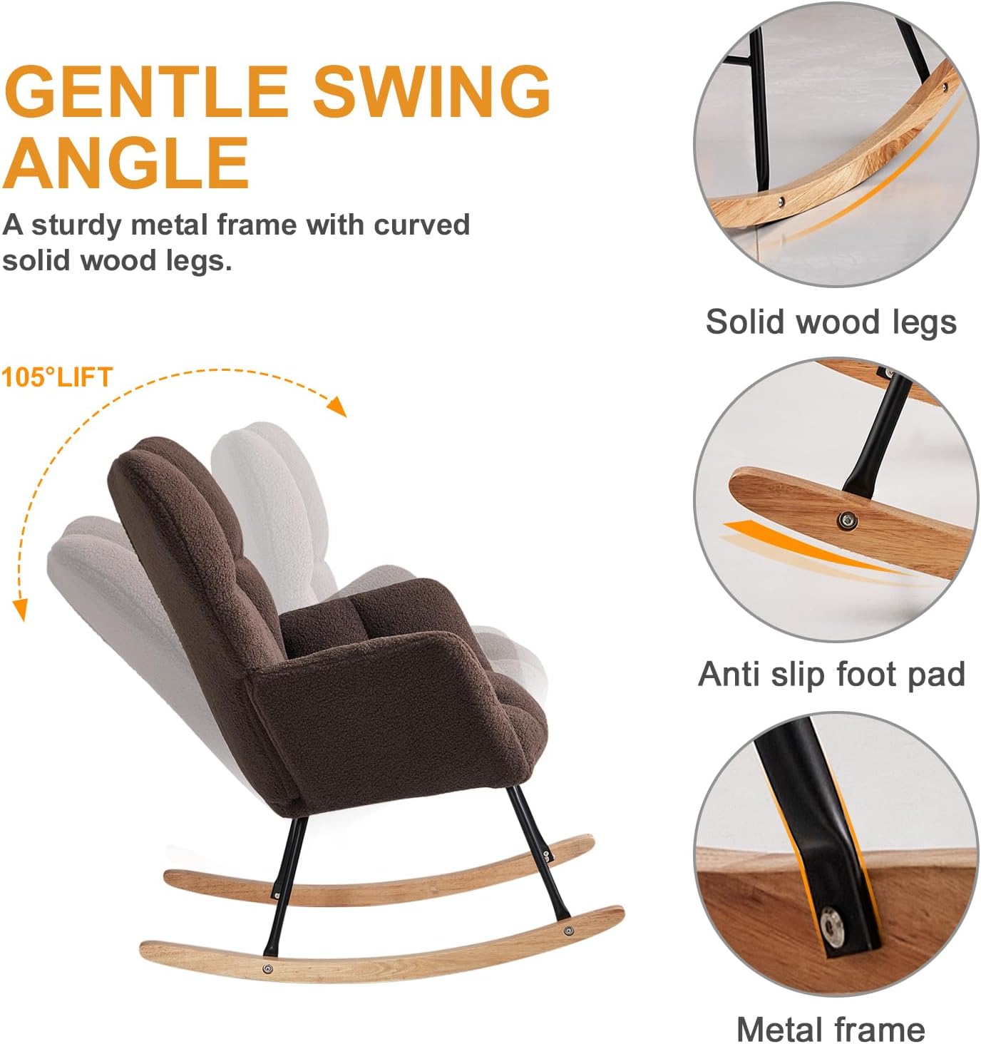 Nursery Rocking Chair, Teddy Fabric Upholstered Glider Rocker with High Backrest, Modern Rocking Accent Chairs Comfy Side Chair for Nursery, Bedroom, Living Room (Brown)