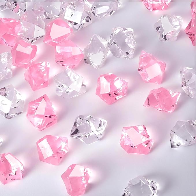Acrylic Crushed Ice Rocks, Babenest 150 PCS Fake Crystals Plastic Ice Cubes Diamonds Gems for Vase Fillers, Home Decoration, Table Scatter, Event, Wedding, Arts & Crafts (Pink/Clear)