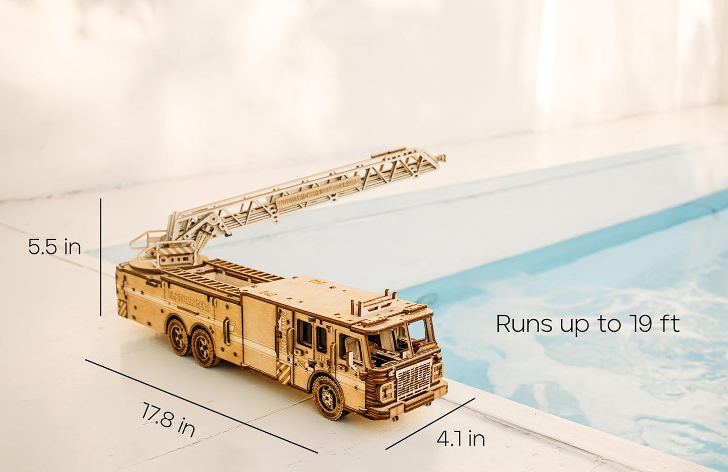 Wood Trick Rescue Firetruck Movable - Rotating Extendable Ladder - 3D Wooden Puzzles for Adults and Kids to Build - Rides up to 20 ft - Wooden Models Engineering DIY Project Mechanical Model Kit