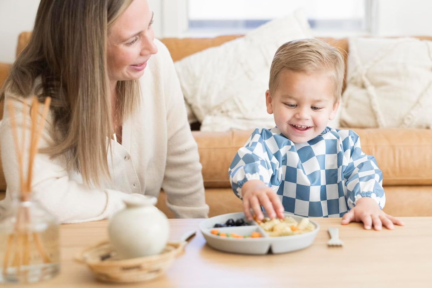Tiny Twinkle Mess Proof Baby Bib,Waterproof Smock Baby Bib for Eating,Machine Washable Long Sleeve Bib,Baby Led Weaning,Toddler Bib (Checkers Blue, Large 2-4 Years)