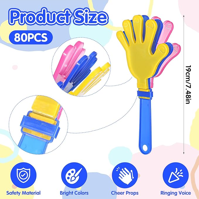 80 Pcs Hand Clappers, 7.48 Inch Noise Makers Bulk, Party Clappers Noisemakers for Sports Events, Birthday Extravaganzas(Colorful)