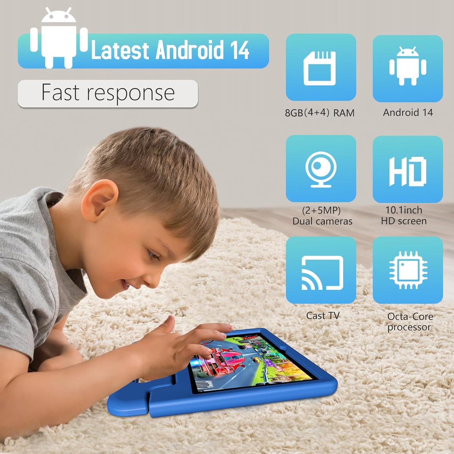 Tablet for Kids Age 3-12 10.1 inch Android 14 6000mAh 8GB RAM+64GB ROM(Expandable to 1TB Kids Tablet WiFi6 Google Kids Space Parental Control 1280 * 800 HD Screen
