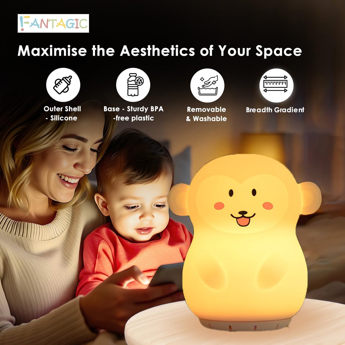 Combined Bluetooth Speaker & Nightlight With 9 Color Emissions, Child Friendly Silicone & BPA Free, USB Recharging, Receives Audio From Computer, Phone Or Tablet, and includes Remote Control (Monkey)