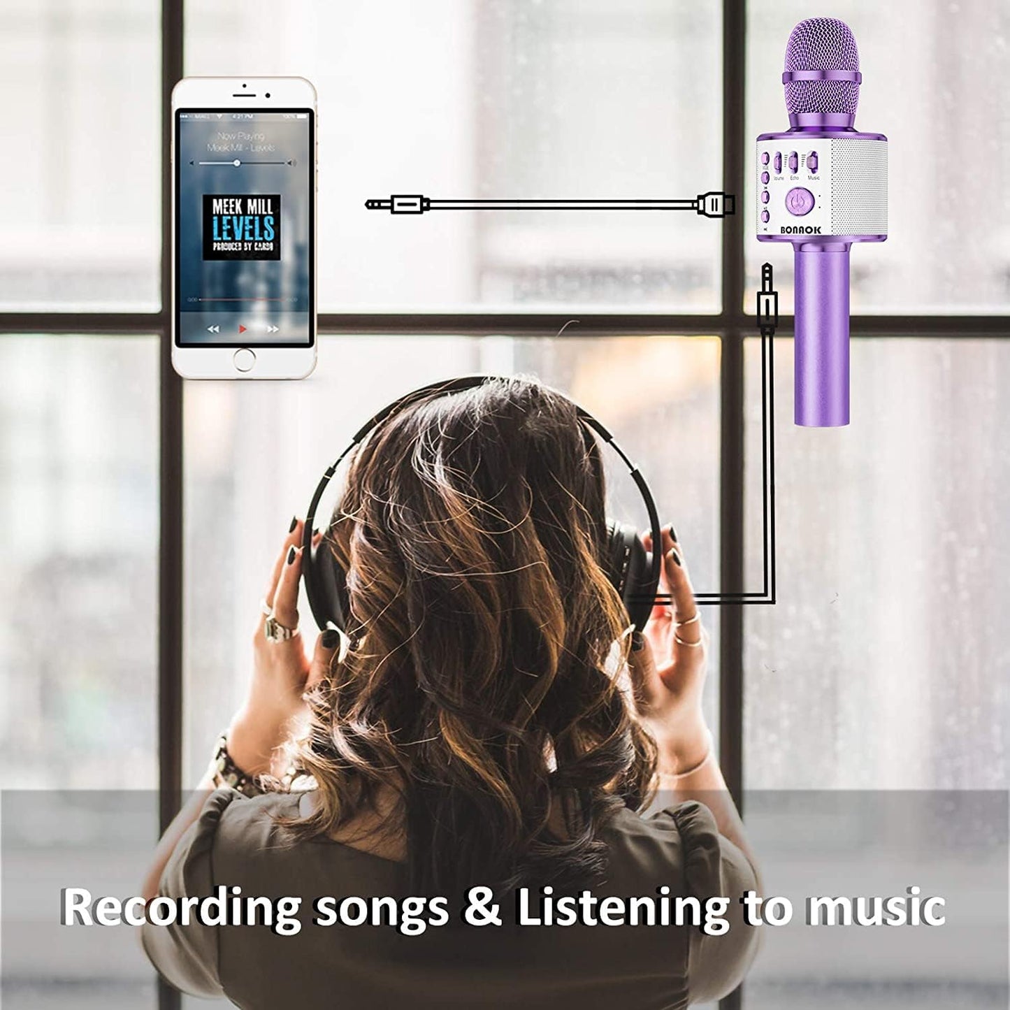 BONAOK Wireless Bluetooth Karaoke Microphone, 3-in-1 Portable Handheld Mic Speaker Machine for All Smartphones, for Girls Boys Kids Adults All Age Q37(Light Purple)