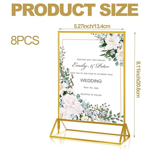 8PCS 5x7" Double-Sided Acrylic Sign Holders, Clear Gold Picture Frames, Table Number Holders with Golden Border for Wedding Reception, Centerpiece, Decoration, Party
