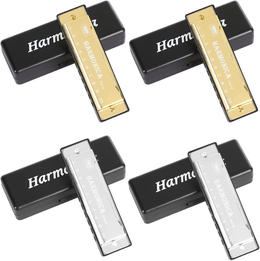UPINS Harmonica, 4PCS Key of C 10 Hole 10 Tones Titanium Color Harmonica with Case for Beginner (Gold, Silver)