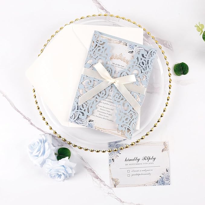 50pcs Laser Cut Wedding Invitation Pockets 5x7 '' Dusty Blue Wedding Invitations Kit With Envelopes Blank Inner Sheet and Ribbon for Wedding Bridal Shower Quinceanera Engagement Party Invite