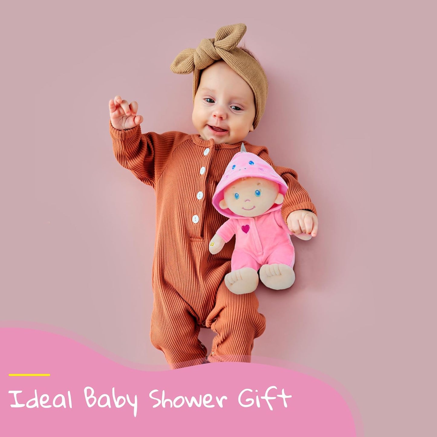 June Garden 12" Musical Sweet Dolly Dinopuff - Interactive Stuffed Ultra Soft Talking Baby Doll for Birth and Up - Removable Pink Dinosaur Outfit