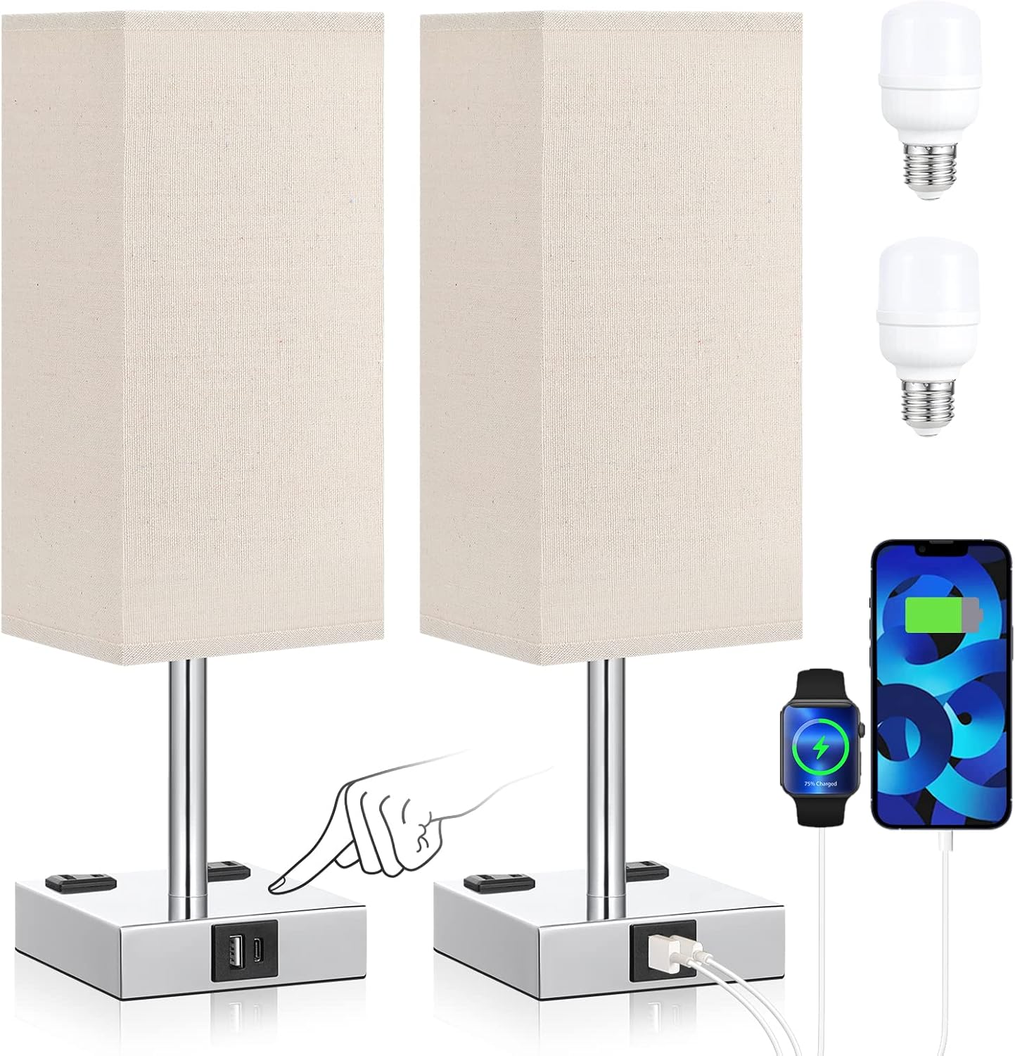 aooshine Beige Set of 2 Touch Lamp with USB Port-Nightstand Lamp with USB-C+A Charge Ports& AC Outlets, 3-Way Dimmable Bedside Lamp with Shade,Small Table Lamp for Bedroom Living Room(Bulb Included)