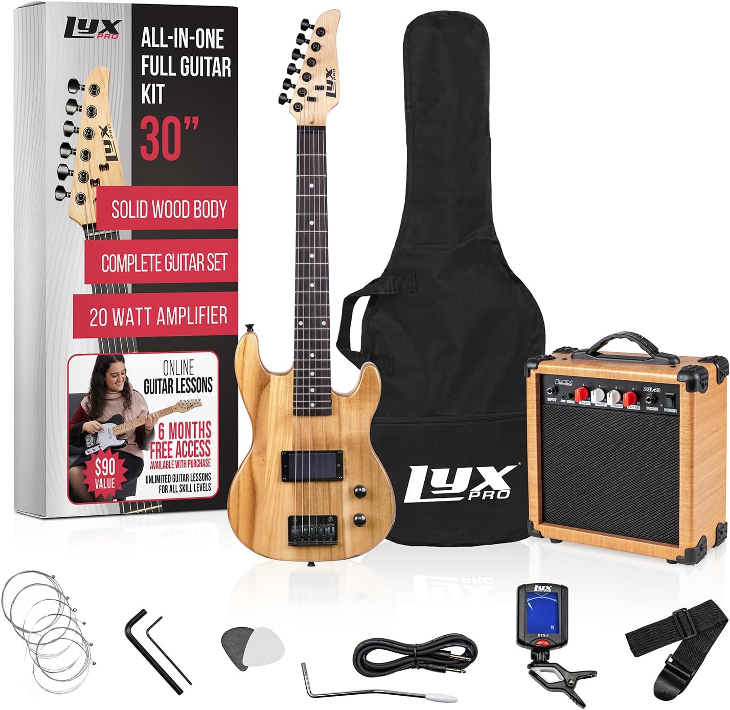 LyxPro 30 Inch Electric Guitar and Starter Kit for Kids with 3/4 Size Beginner’s Guitar, Amp, Six Strings, Picks, Shoulder Strap, Digital Clip On Tuner, Guitar Cable and Soft Case Gig Bag - Natural