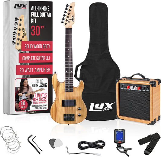LyxPro 30 Inch Electric Guitar and Starter Kit for Kids with 3/4 Size Beginner’s Guitar, Amp, Six Strings, Picks, Shoulder Strap, Digital Clip On Tuner, Guitar Cable and Soft Case Gig Bag - Natural