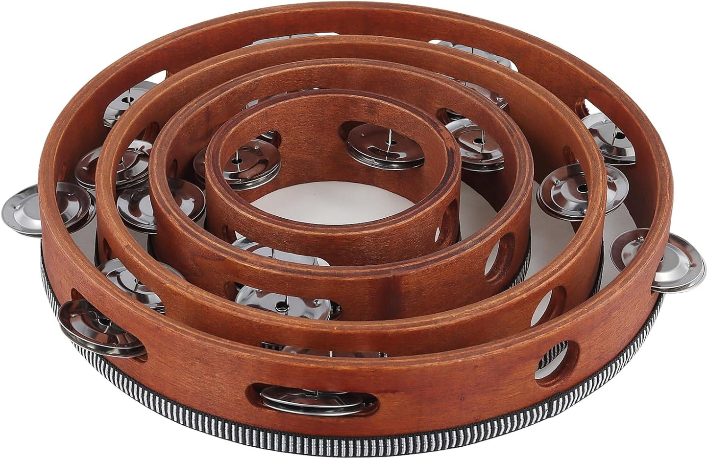 4 PCS 4" 6" 8" 10" Brown Wooden Tambourine, Musical Instrument Tambourine Set, Handheld Drum Bell Metal Jingles Single Row Percussion for Church, KTV, Party, Musical Class