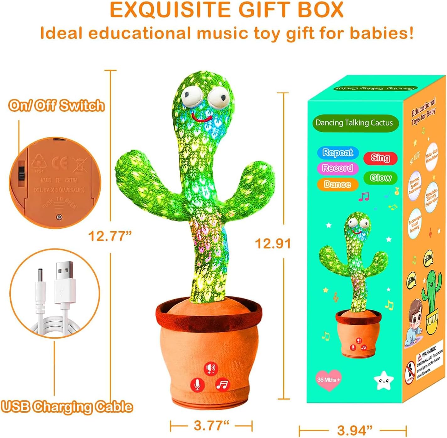Rechargeable Dancing Talking Cactus Toy for Baby Toddler, Boys Girls Gifts Singing Mimicking Toys Recording Repeating What You Say with 120 English Songs