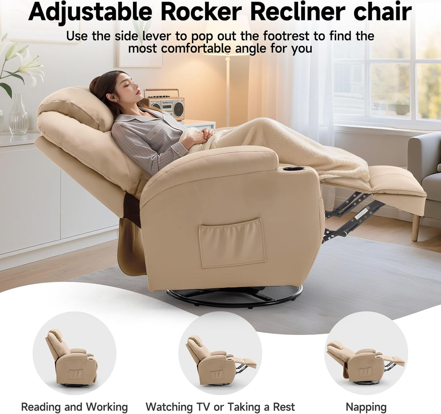 Recliner Chair, Rocking Chair with Massage and Heat, 360° Swivel Recliner Chairs for Adults, Rocker Manual Recliner with Remote Control and Cup Holder for Living Room, Bedroom, Nursery