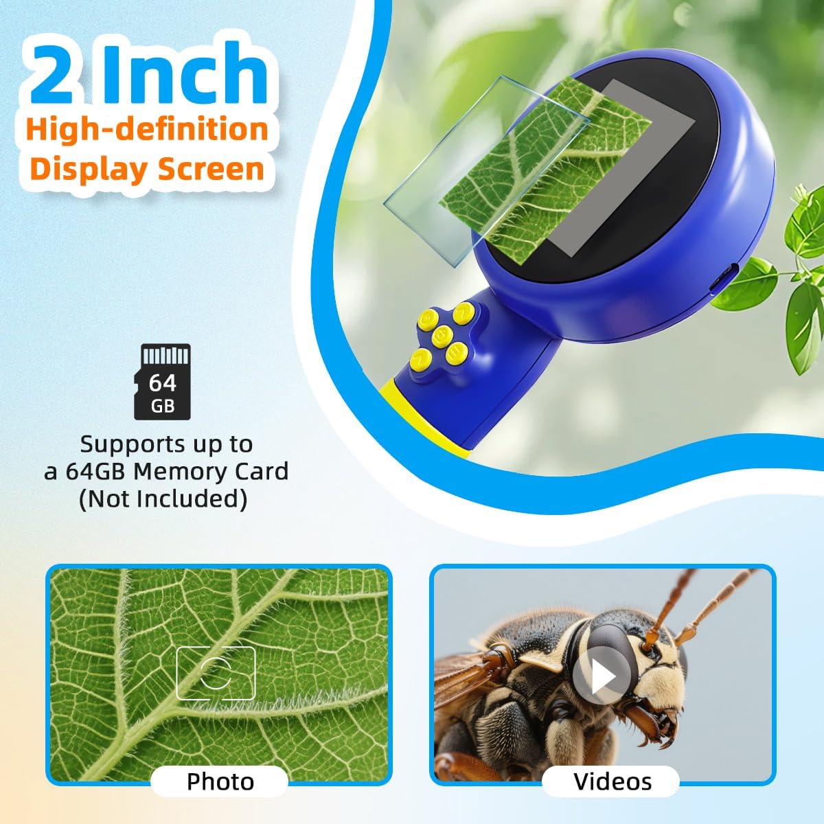 Kids Microscope with Bug Catcher Kit, 1080P Digital Mini Handheld Microscope STEM Science Toy with LED Light, Rechargeable, Portable, Supports 64GB TF Card, Educational Gift for Kids Ages 3-12 (Blue)