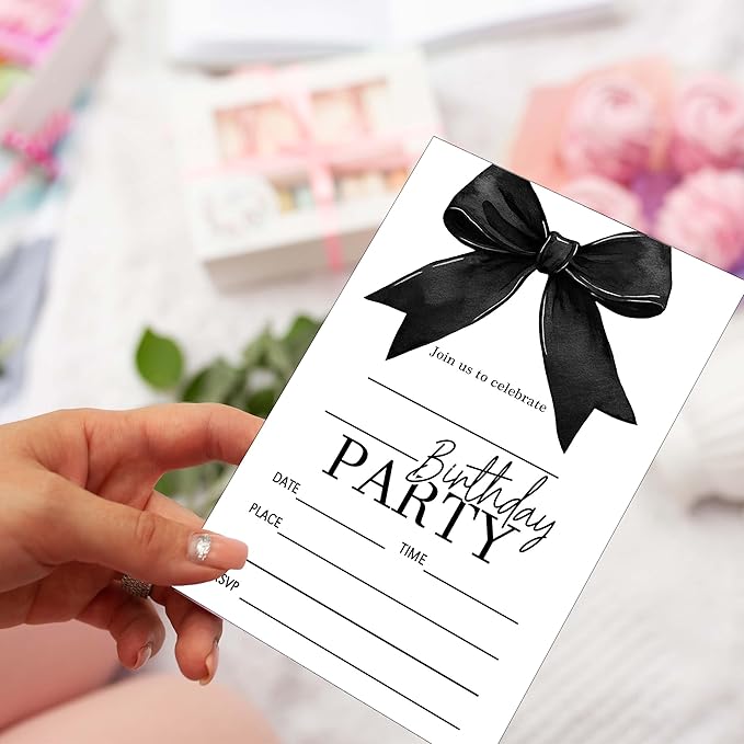 SIXEIGHT Black Bow Birthday Invitations, Black Ribbon Bow Birthday Party Invitations, 20 Party Invitations with Envelopes for Girls Boys, Birthday Party Favor & Decoration (4"x6")-A11