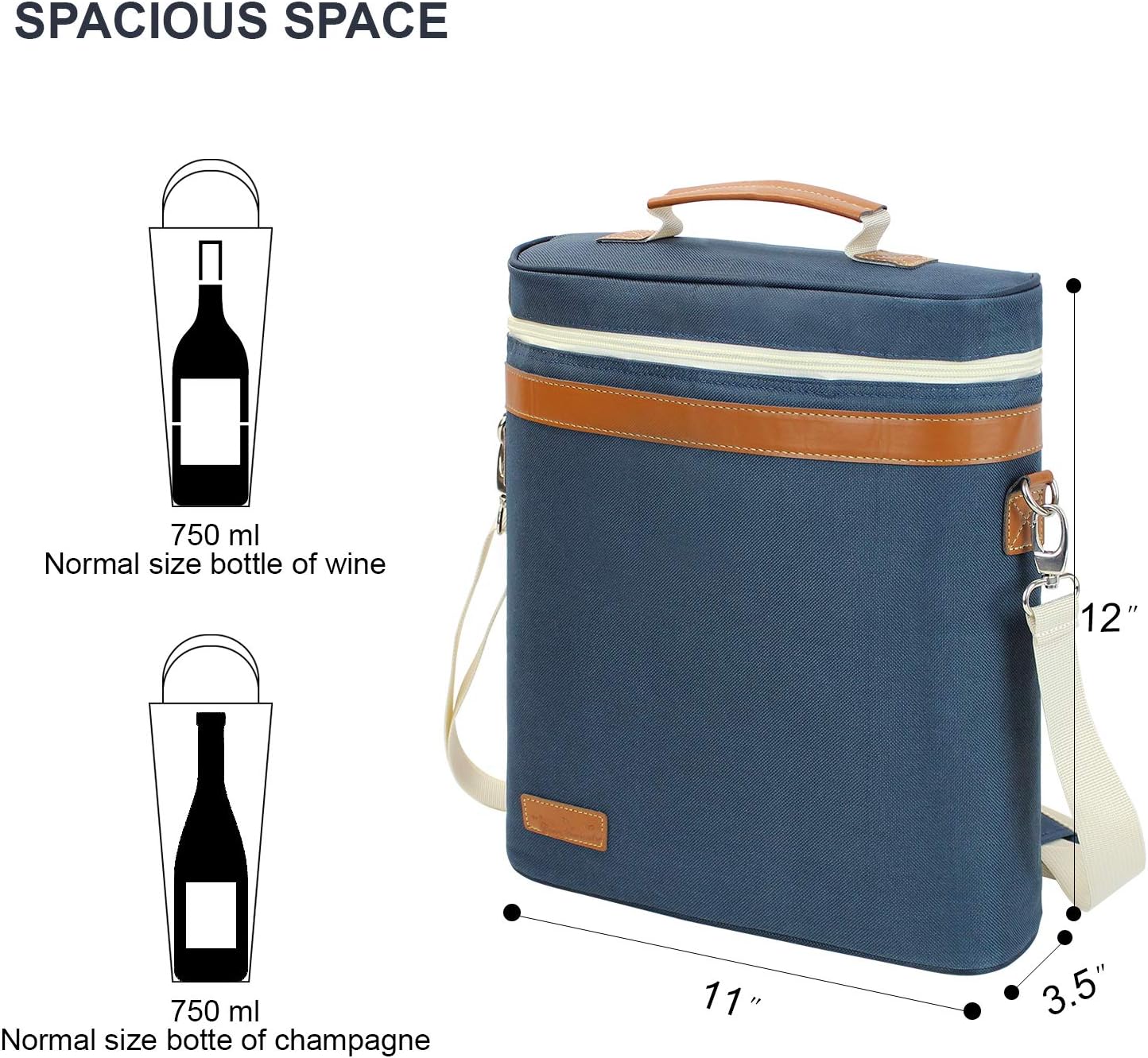 ZORMY 3 Bottle Insulated Wine Tote Cooler Bag, Portable Carrier with Corkscrew Opener and Shoulder Strap for Beach Travel Picnic, Unique Gift for Wine Lovers Navy Blue