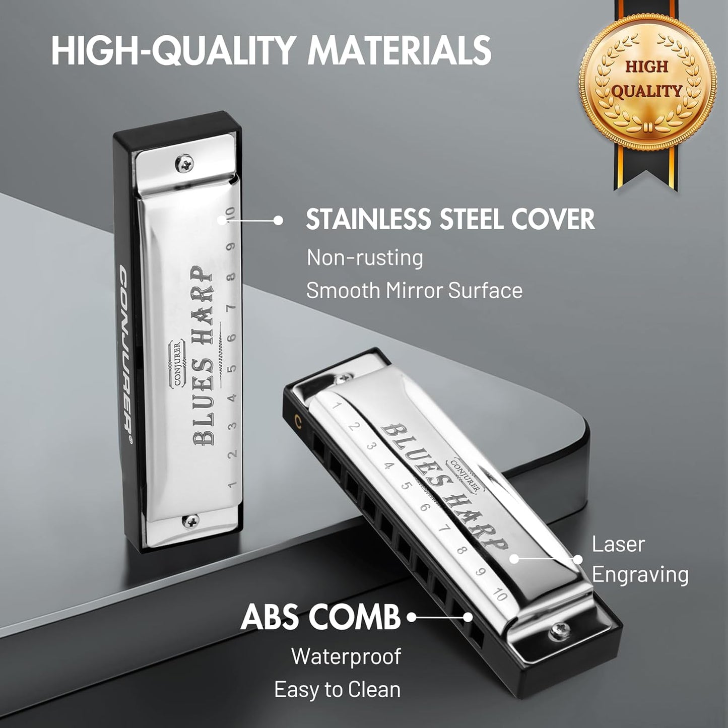 CONJURER Blues Harmonica for Beginners, 10 Hole D Key Diatonic Blues Harp with Stainless Steel Cover & Phosphor Bronze Reeds, Professional Grade for Adults, Gifts (Silver D)