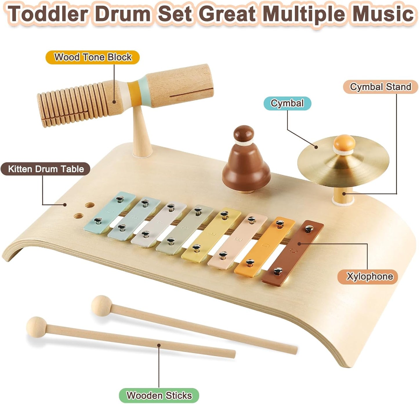 LOOIKOOS Kids Drum Set Toddler Musical Instruments Set Wooden Percussion Instrument Xylophone for Kids Montessori Toys Preschool Educational Musical Toys