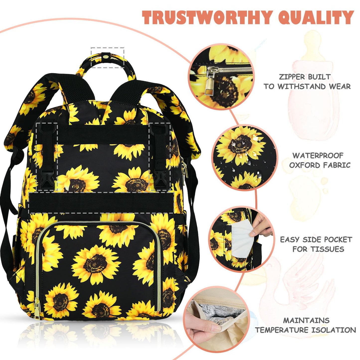 Baby Diaper Bag Backpack, Travel Diaper Bags for Baby Girl Boy Large Capacity Baby Bag Backpack for Women Sunflower