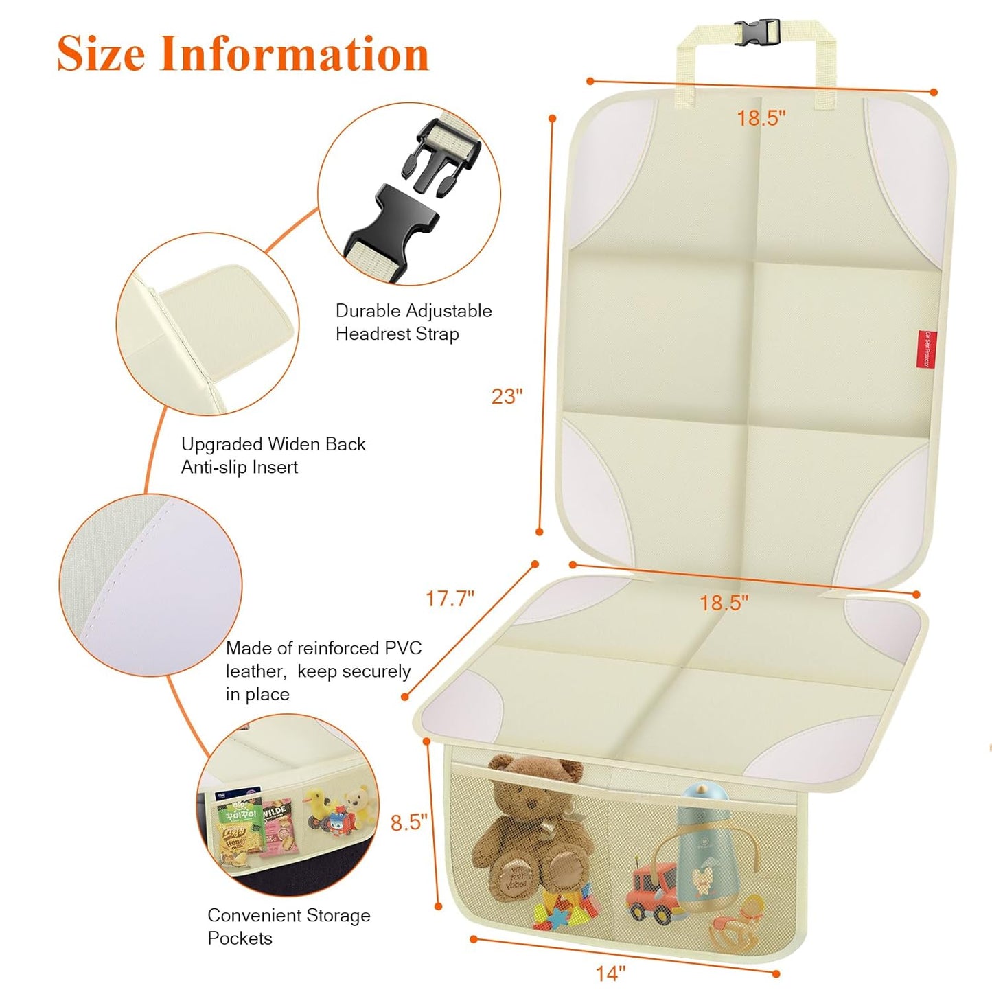 Car Seat Protector, 2 Pack 600D Fabric Seat Protector Under Baby Car Seat with Upgraded Non-Slip Backing, Thickest Padding, Mesh Storage Pockets