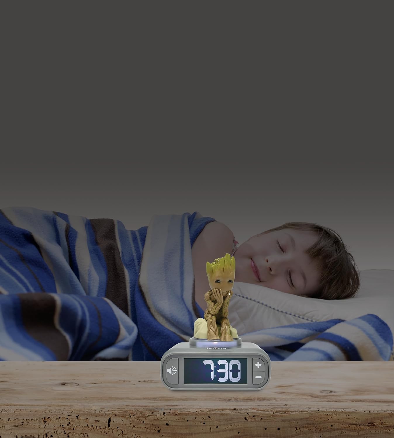 LEXiBOOK, Marvel Guardians of The Galaxy, Groot Nightlight Alarm Clock, Sounds and Melodies, Backlit LCD Screen, Illuminated, Snooze, Grey/Brown, RL800GG