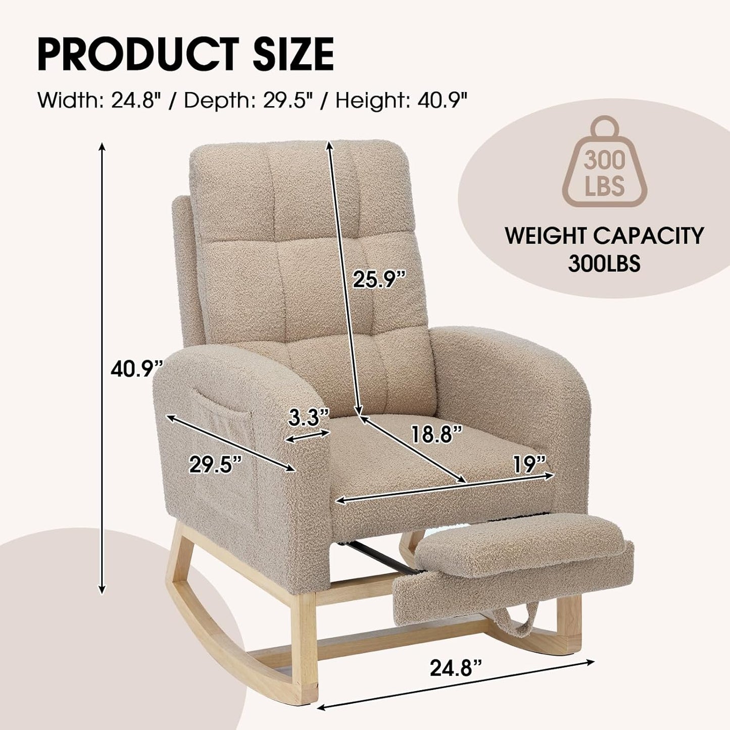 NIOIIKIT Modern Nursery Rocking Chair, Teddy Upholstered Rocking Chair with Footrest, Comfortable Rocker Chair with Side Pocket, Rocker Chair for Living Room, Bedroom, Nursing Room (Brown)