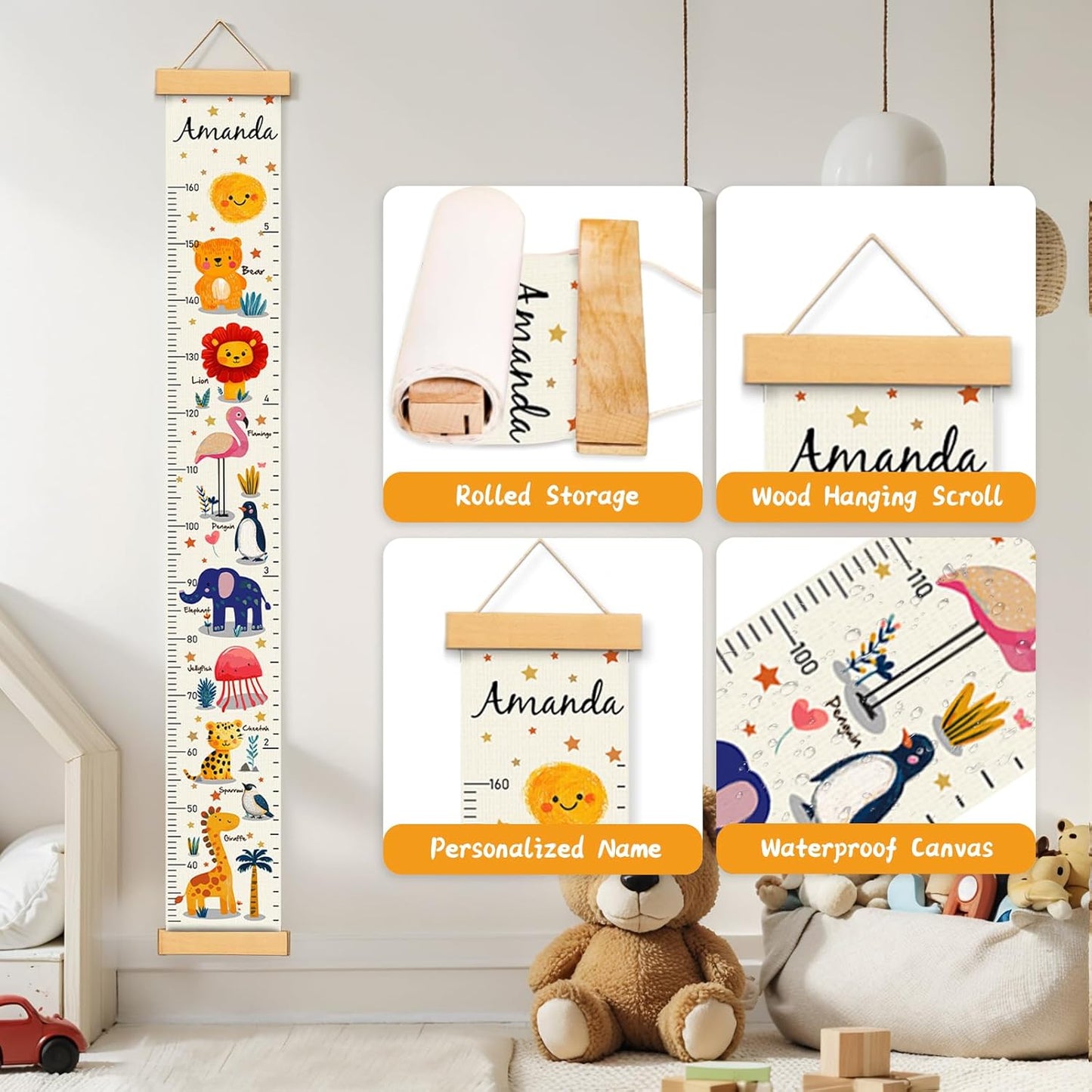 Personalized Name Kids Growth Chart, Watercolor Animal Canvas Height Measurement Ruler for Baby, Kids Height Wall Chart for Child's Room Decoration, Waterproof Measuring Wall Ruler
