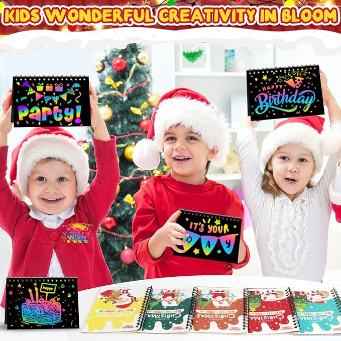Party Favors for Kids: 16 Pack Christmas Rainbow Scratch Art Notebook Classroom School Supplies Bulk for Girls Boys Goodie Bags Stuffers, Return Gifts for Birthday Party Gift Kid Crafts
