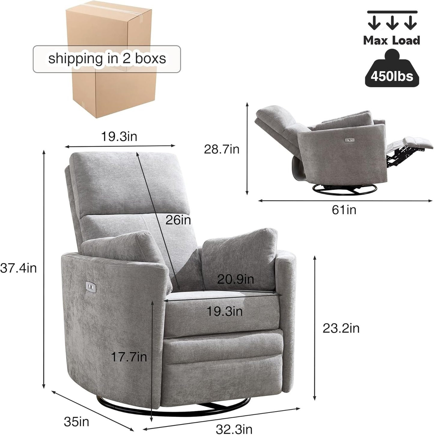 Power Recliner, Upholstered Nursery Adult Swivel Rocking Glider, Electric Recliner Chair with USB Port with 2 Pillows for Living Room Bedroom (LIGHTGREY, Power-Driven)