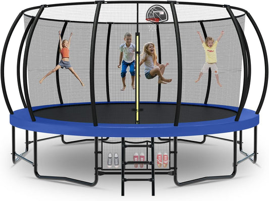 Tatub Large Trampolines Outdoor 10 12 14 15 16FT for Kids and Adults,Outdoor Recreational Pumpkin Trampolines with Curved Poles and Safety Enclosure Net, Basketball Hoop, Ladder