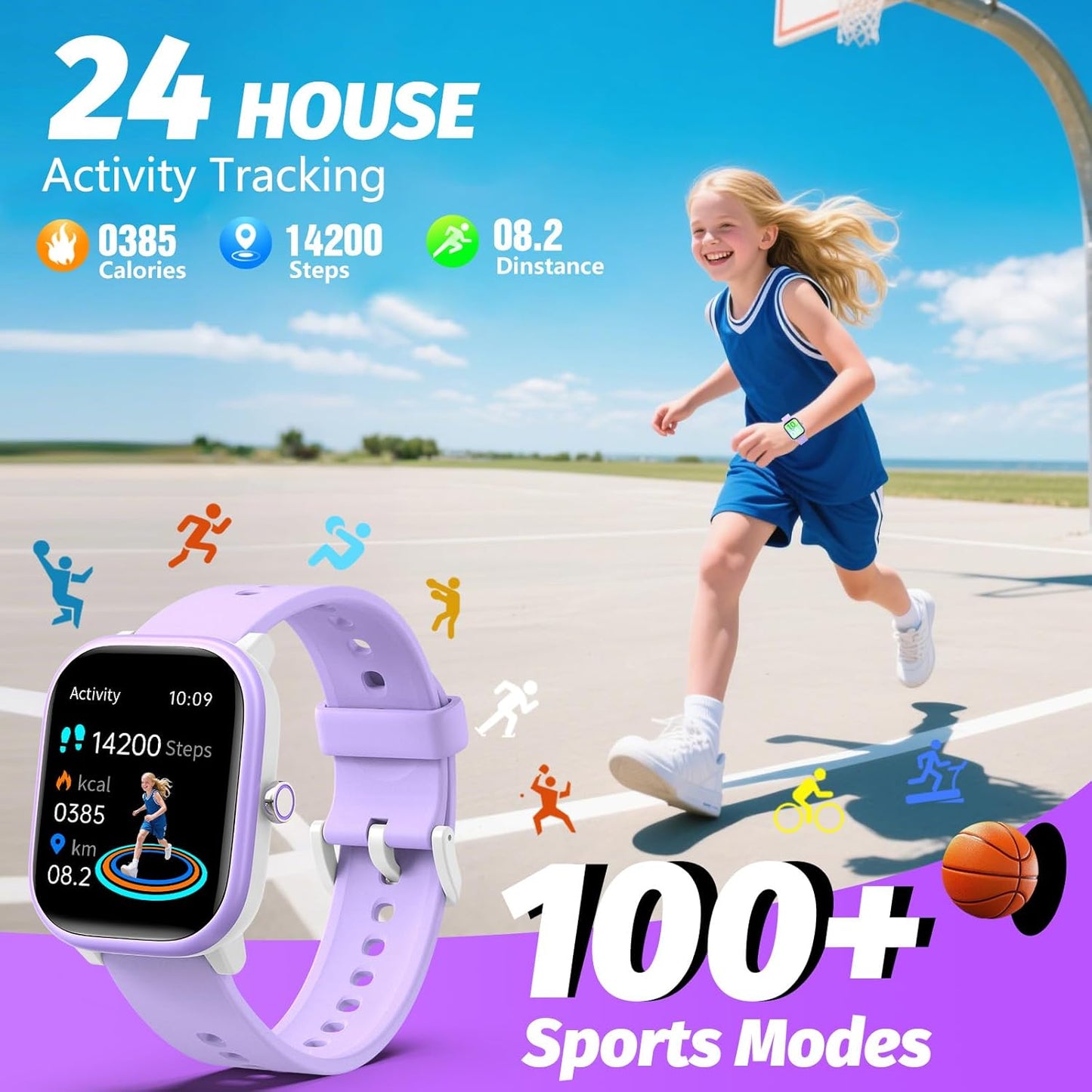 Kids Wach for Girls Boys 6-15 Year Old - Smart Watch for Kids 1.8" Fitness Tracker,No Phone needed,Pedometer Sleep Monitor Heart Rate Waterproof,Puzzle Game for Girls Boys Teens Birthday Gift (Purple)